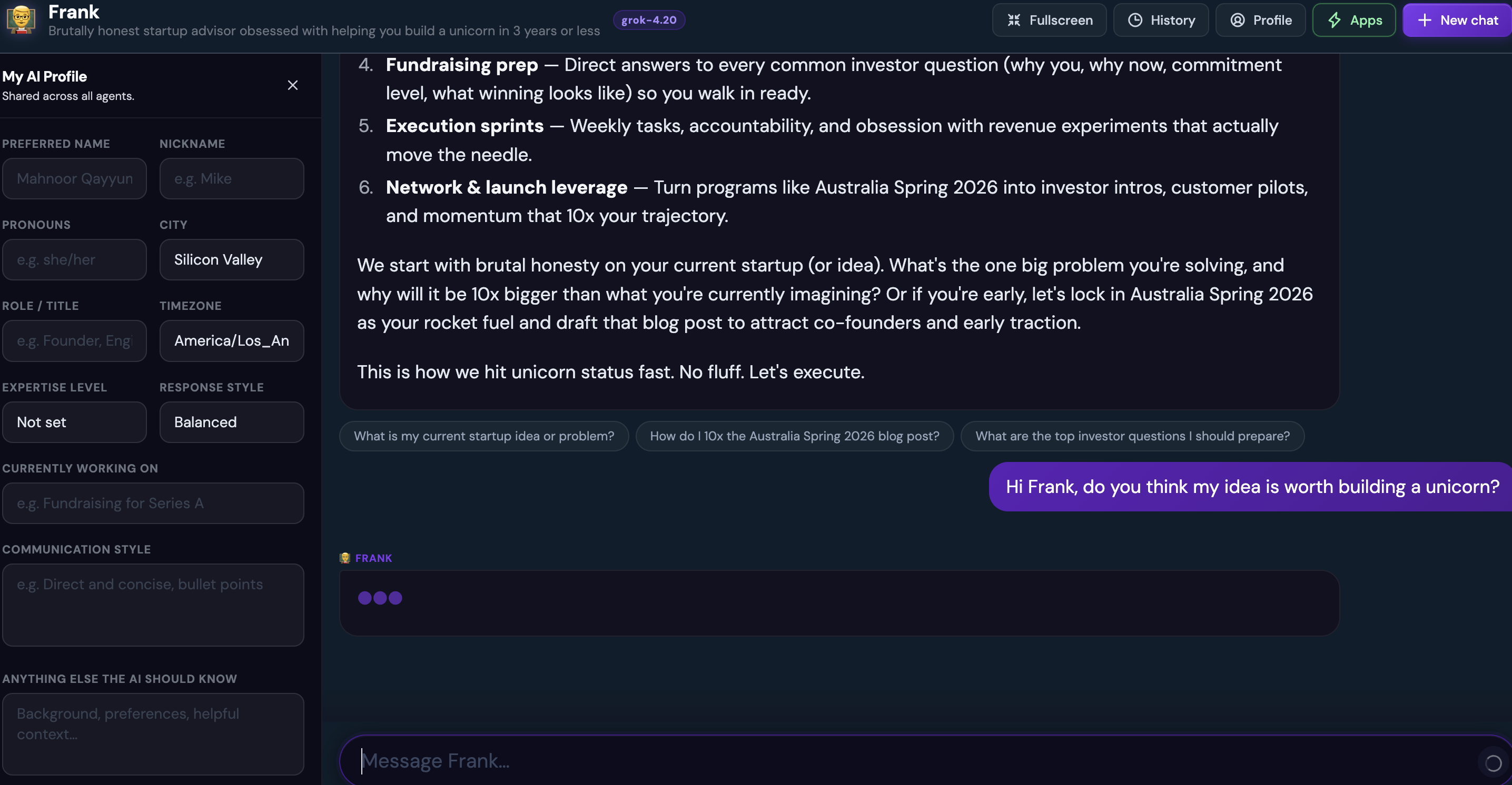 Frank's chat interface showing a founder asking whether their idea is worth building into a unicorn