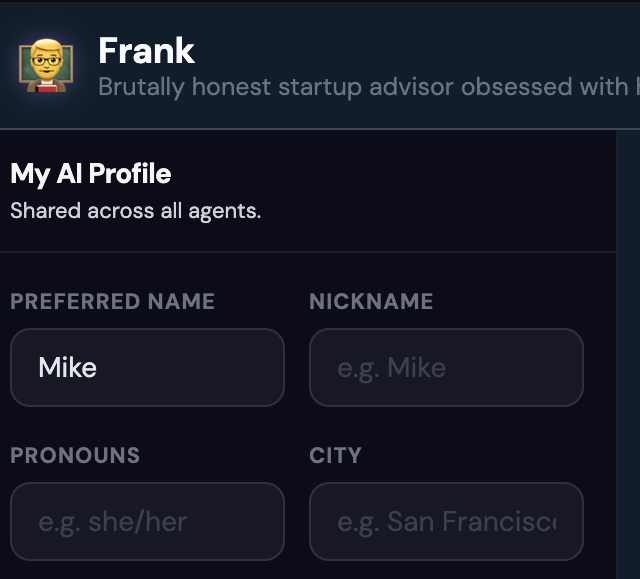 Frank's AI Profile setup panel with fields for pronouns, city, role, timezone, expertise level, and response style